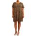 Terra & Sky Women's Plus Size Leopard Print Ruched Tie Sleeve Dress