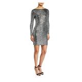 MICHAEL KORS Womens Silver Embellished Animal Print Long Sleeve Crew Neck Mini Body Con Party Dress Size M