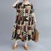 Vintage Women Cotton Linen Dress Geometric Floral Print O Neck Half Sleeve Pocket Loose Casual Dress