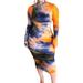 Jocestyle Women Tie Dye Print Slim Dress Long Sleeve Midi Dresses (Orange L)