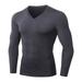 Men's Gym Fitness Compression Sport Tshirt Clothes Running V Neck Long Sleeve Tee Sports Wear Exercise Workout Tights Gray M