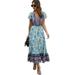 Women's Summer Beach Boho Dress Floral Printed V-Neck Button Closure Short Sleeves Maxi Party Casual Long Bohemian Dress