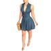 Dewadbow Women Sleeveless Denim deep V neck dress women Belted Party Short Mini Dress