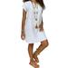 Casual Women Summer Boho V Neck Baggy Loose Linen Tops T Shirts Plus Size Short Sleeve Tunic Blouse Dress Ladies Beach Holiday Loose Long Midi Shirt Dress