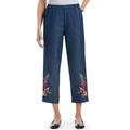 Botanical Embroidered Stylish Denim Pull-On Capri Pants