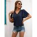 Women's Summer V Neck Short Sleeve Shirt Stitching Lace Ruffle Sleeve Loose Solid Color Top