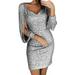 Toyfunny Women Sexy Solid Sequined Stitching Shining Club Sheath Long Sleeved Mini Dress