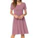 HUBERY Women Ruched Cutout Hole Pleated Pockets Crew Neck Short Sleeves Midi Dress