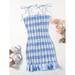 Knot Shoulder Ruffle Hem Shirred Gingham Dress