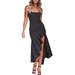 Women Solid Square Neck Dress Sleeveless Iregular Ruffle Maxi Dress Basic Slim Suspender Dress Sling Dress