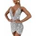 Lookwoild Ladies Women Sexy Glitter Sequin Deep V-neck Strappy Bodycon Mini Dress Clubwear