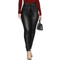 Women High Waist Belted Trousers Casual Jeggings PU Leather Stretch Skinny Pants