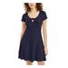 PLANET GOLD Womens Navy Solid Cap Sleeve Keyhole Short Fit + Flare Dress Size XXS