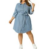 Women's Plus Size Long Sleeve Belted Above Knee Denim Shirt Dress