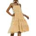 Sexy Dance Women's Plaid Print Swing Dress Sleeveless Round Neck Stitching Tunic Flowy Dress Knee Length Yellow M=US 8-10