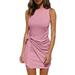 Sexy Dance Women Sleeveless Crew Neck Bodycon Dress Twist Front Summer Slim Mini Dress S-XXL Pink S(US 4-6)