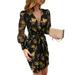 Women Deep V-neck Mini Dress, Leopard/Floral Print Mesh Sleeve Knotted Sundress