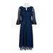 Jackie Jon Boat Neck Circular Flounce Sleeve Keyhole Front Popover Zipper Back Floral Lace Jersey Mesh Dress-NAVY