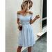 New Women's Short Sleeve Midi Dress Stripe Print Smocked Chest Bardot Casual Dress Off Shoulder Dress Elastic Waist Skirt