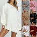 HEVIRGO Women One Shoulder Puff Long Sleeve Sweater Dress Loose Tunic Knitted Jumper