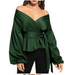 Women Casual Solid Color Shirt, V-Neck Long Sleeve Wrinkle Top, Off-shoulder Tunic Lace-up Clothing