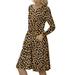 Womens Dresses Leopard A-Line Sundress Fashion Long Sleeve Casual Party Crew Neck