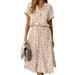 Bohemian Style Polka Dot Print Midi Dress Summer High Waist Women V Neck Stalish Short Sleeve A-line Dress Holiday Party Dress Ivory S