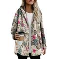 Jocestyle Flower Women Hooded Coat Long Sleeve Button Fleece Loose Jacket (Rose 3XL)