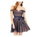 TEEZE ME Womens Navy Textured Sequined Short Sleeve Off Shoulder Above The Knee Fit + Flare Evening Dress Size 7\8