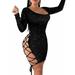 Women Hollow-Out Dress Mini Lace-Up Dress Glitter Sequins Bodycon Skirt Low Cut Dress