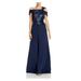 TADASHI SHOJI Womens Navy Sequined Asymmetrical Neckline Full-Length Fit + Flare Formal Dress Size 2