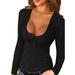 Women's Scoop Neck Henley Sweatshirts Low Cut Solid Sexy Fall Long Sleeve Button Down Shirts