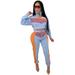 Women 2 Pcs Tracksuit Sets Casual Wear Color Block High Neck Long Sleeve Crop Top + Elastic Waist Pant Fitness Clothes