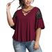 UKAP Womens Casual Crossing V Neck Short Sleeve Criss Cross T-Shirt Blouse Tops Ladies Plus Size Lace Stitching Tee Tops