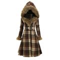 TANGNADE 2021 New Fashion Womens Vintage Stripe Plus Size Plaid Long Sleeve Faux Fur Hood Longline Coat