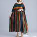 Lixada Vintage Women Cotton Linen Dress Striped Print O Neck Half Sleeve Pocekt Plus Size Loose Casual Dress