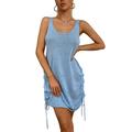 Niuer Women Solid Color Cami Knit Dresses Ladies Square Neck Backless Drawstring Beach Dress Lace Up Sleeveless Party Dresses Light Blue L(US 10-12)