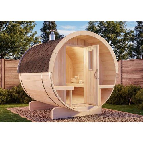 Fass-Sauna Tori Fasssauna 2 Sitzbänke aus Holz in Naturbelassen Sauna Wandstärke: 42 mm Außensauna