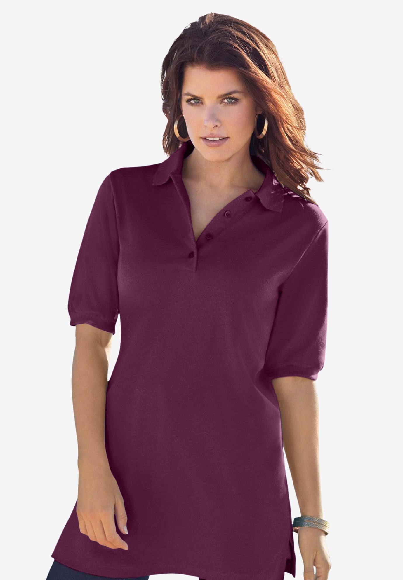 Plus Size Women's Oversized Polo Tunic by Roaman's in Dark Berry (Size 18/20) Short Sleeve Big Shirt