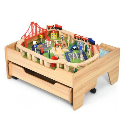 Costway Children's Wooden Railway Set Table with 100 Pieces Storage Drawers
