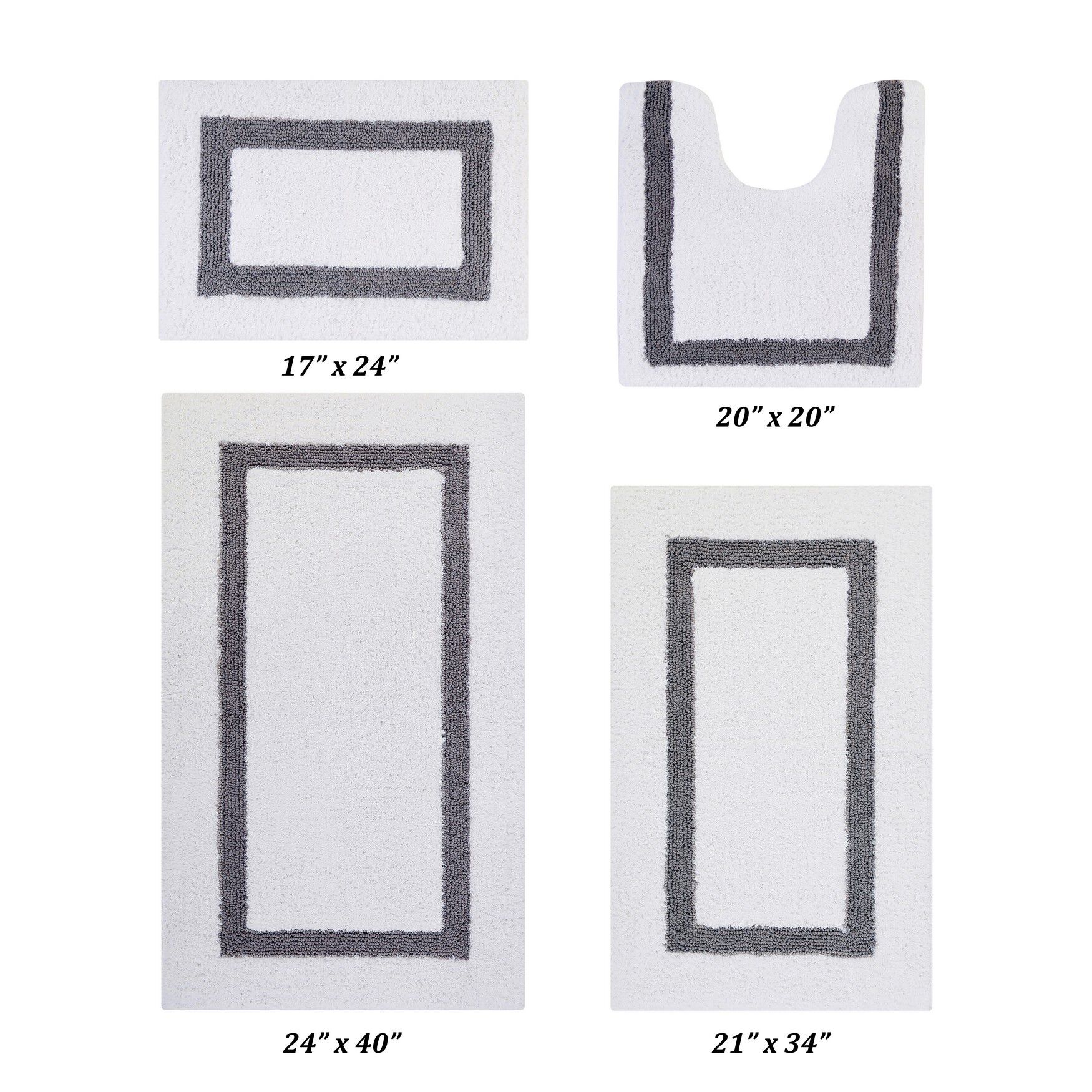 Hotel Collections Bath Mat Rug 4 Piece Set (17" X 24" | 20" X 20" | 21" X 34" | 24" X 40") by Better Trends in White Gray