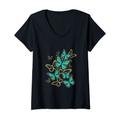 Damen Buntes Schmetterling Muster T-Shirt mit V-Ausschnitt