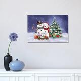 East Urban Home Snowman Family & Tree by Makiko - Wrapped Canvas Painting Print Canvas in Blue/Gray/Indigo | 12 H x 18 W x 1.5 D in | Wayfair