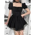 InsGoth-Mini Robe Gothique Lolita Noire Manches Bouffantes Taille Haute Vintage Garniture en