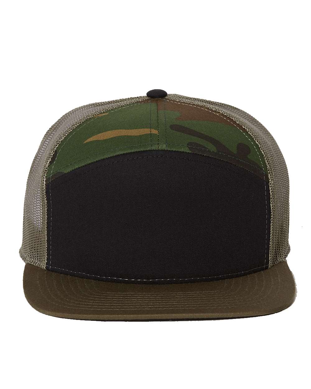 Richardson 168 Seven-Panel Trucker Cap in Black/Camouflage/Loden | Cotton/Nylon/Polyester