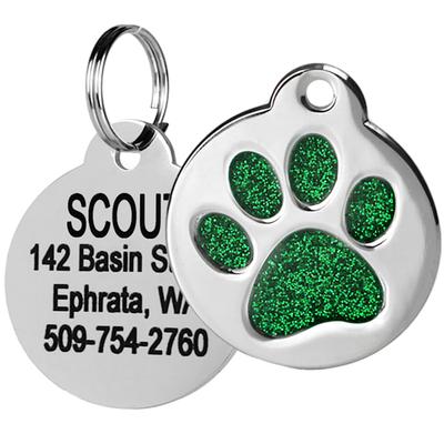 GoTags Personalized Glitter Green Paw Print Stainless Steel Round Pet ID Tag for Dogs and Cats, Small