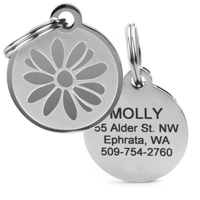 GoTags Personalized Daisy Flower Pet ID Tag for Dogs and Cats with Custom Engraving, Regular, Silver