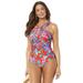 Plus Size Women's High Neck Wrap One Piece Swimsuit by Swimsuits For All in Red Floral (Size 14)