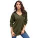 Plus Size Women's Fine Gauge Drop Needle V-Neck Sweater by Roaman's in Dark Olive Green (Size 5X)