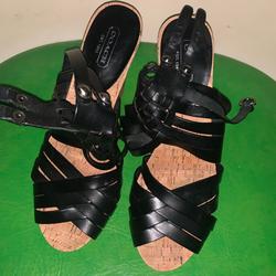 Coach Shoes | Coach Adrienn Vacchetta Black Leather Strappy Heel | Color: Black/Brown | Size: 8